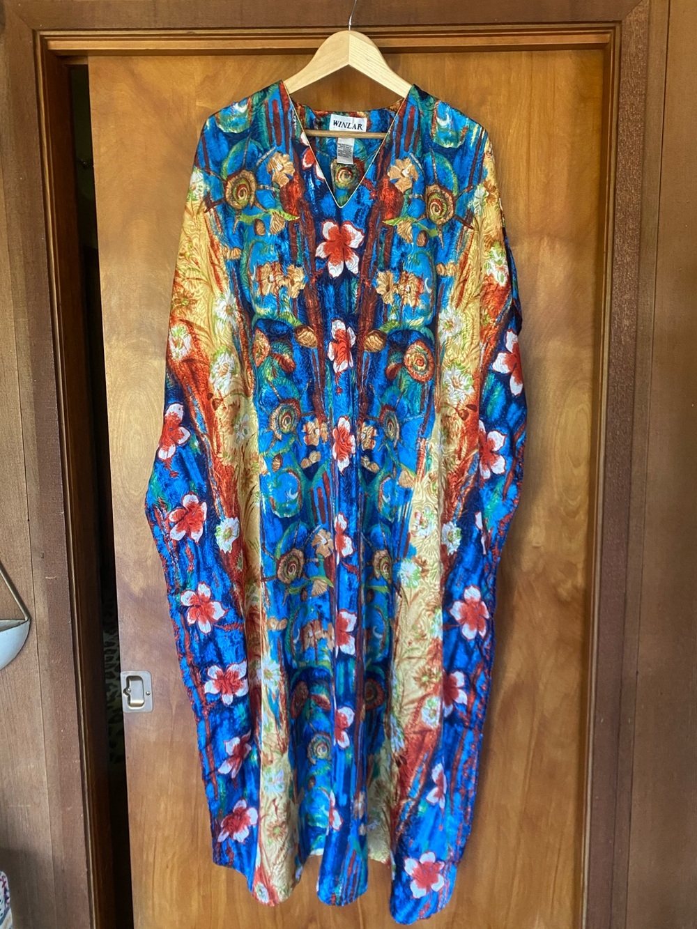 Vintage Hawaiian Blue Floral Kaftan Maxi - Vibrant Resort Draped Silhouette